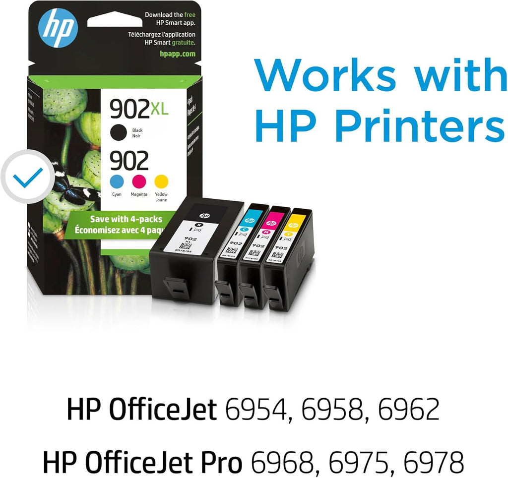 HP 902XL Black + 902 Cyan, Magenta, Yellow Ink Cartridge (Black XL + CMY) | Works OfficeJet 6954, 6958, 6962 OfficeJet Pro 6968, 6975, 6978 | T0A39AN