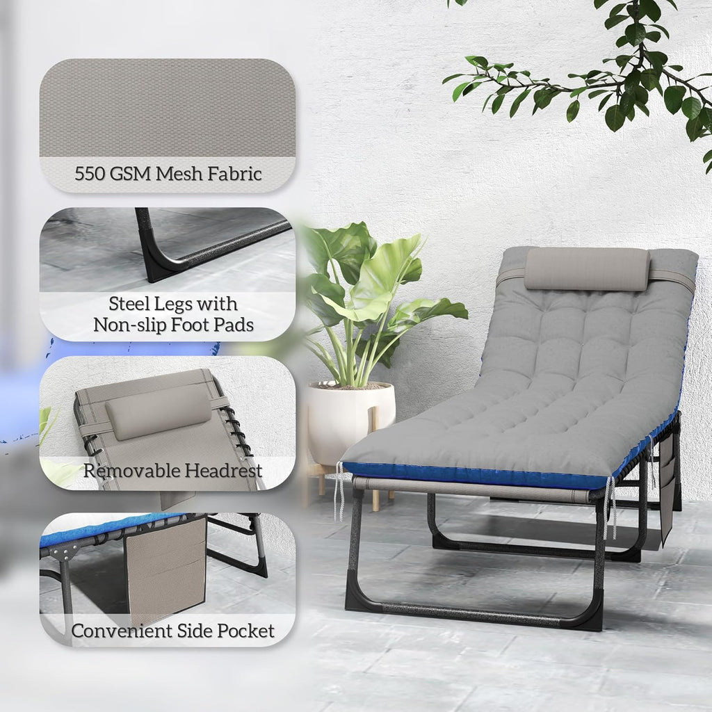Outsunny Chaise Lounge Chair Outdoor Set of 2, 5-Position Adjustable Outdoor Pool Lounge Chairs, Folding Tanning Chair Beach Lounger with Cushion, Headrest, Side Pocket for Patio, Yard, Brown/Blue