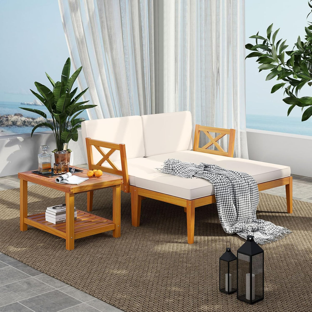 Tangkula 5 Pieces Patio Lounge Chair Set w/Ottomans, Acacia Wood Patio Conversation Set w/Cushions, Coffee Table, Modular Outdoor Lounge Sofa Set for Lawn, Backyard, Poolside