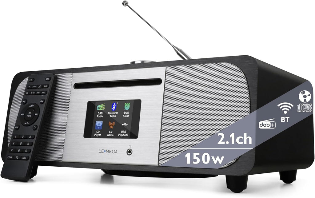LEMEGA M6P CD Player with FM Radio, Bluetooth Streaming, 150W Stereo HiFi System with Internal Subwoofer, 2.8" Colour Display, Presets, Remote, Acoustic Wooden Cabinet (Black Oak)