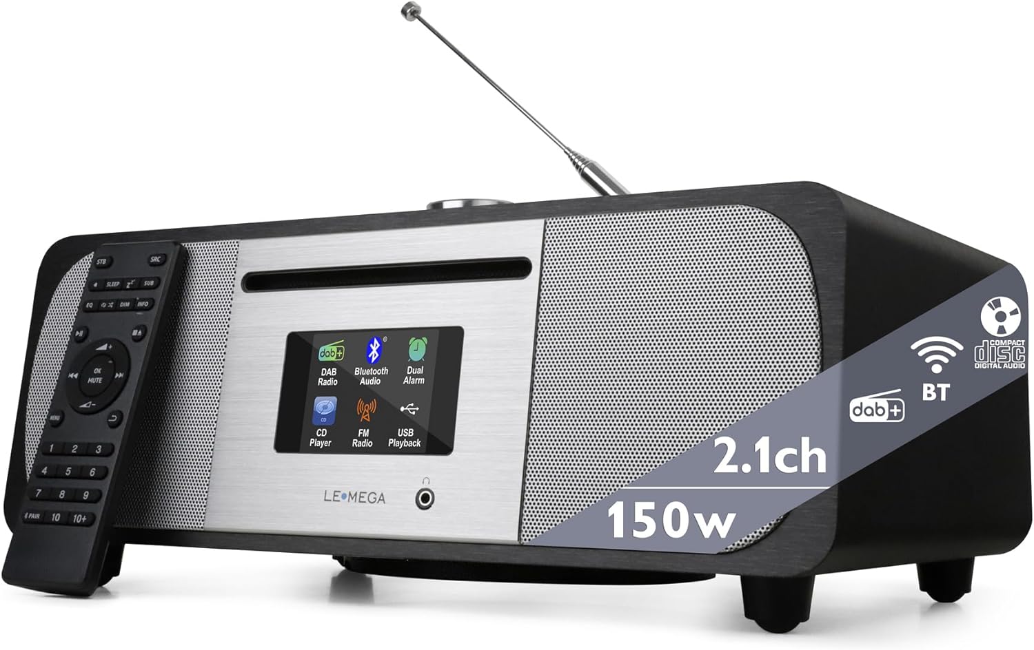 LEMEGA M6P CD Player with FM Radio, Bluetooth Streaming, 150W Stereo HiFi System with Internal Subwoofer, 2.8" Colour Display, Presets, Remote, Acoustic Wooden Cabinet (Black Oak)