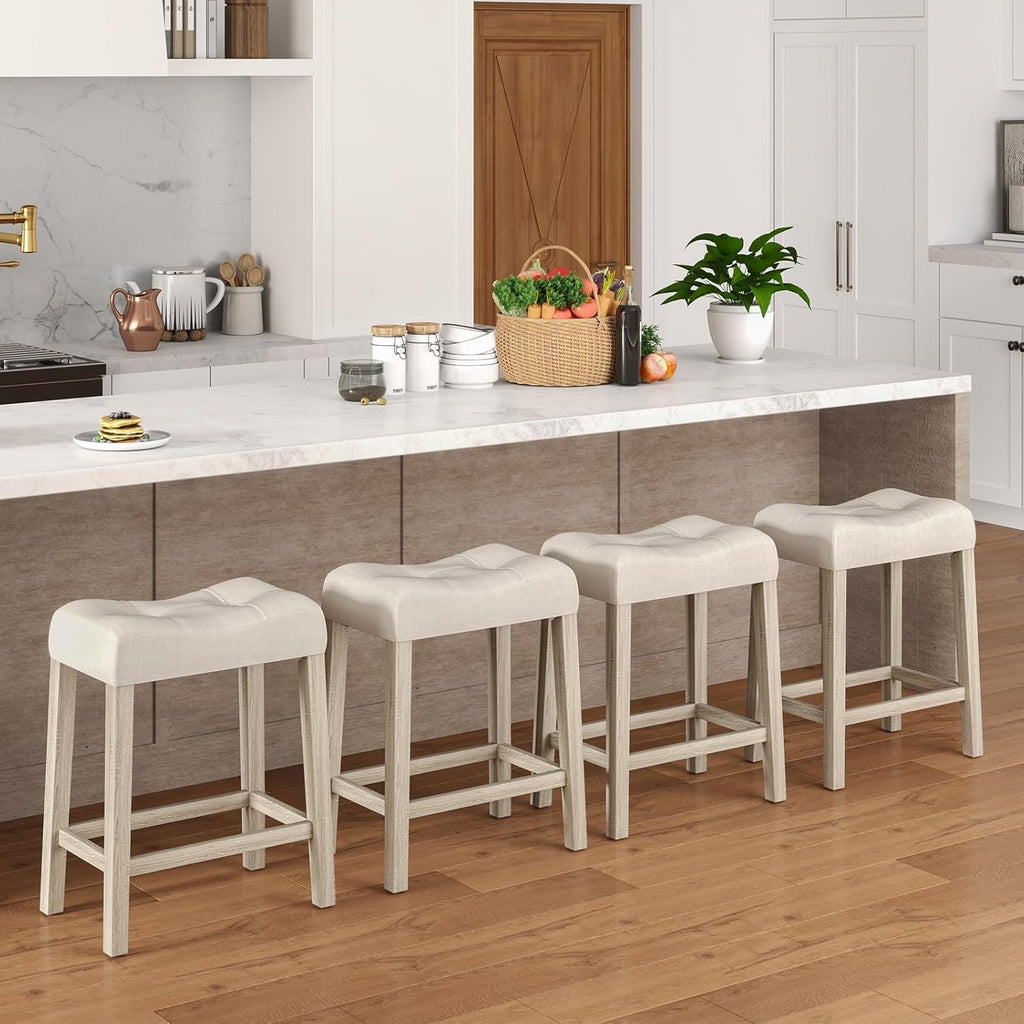 Giantex 24" Bar Stools Set of 4, Upholstered Counter Height Saddle Bar Stools with Footrest and Wood Legs, Farmhouse Button Tufted Backless Barstools for Kitchen Island, Dining Room, Cafe, Beige