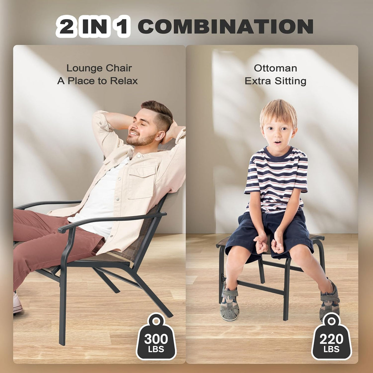 NUU GARDEN Patio Chaise Lounge Set of 3, 2 Textilene Patio Lounge Chairs with Ottoman and 1 Slatted Side Table, All-Weather Outdoor Set for Balcony Deck Yard Poolside, Black and Brown