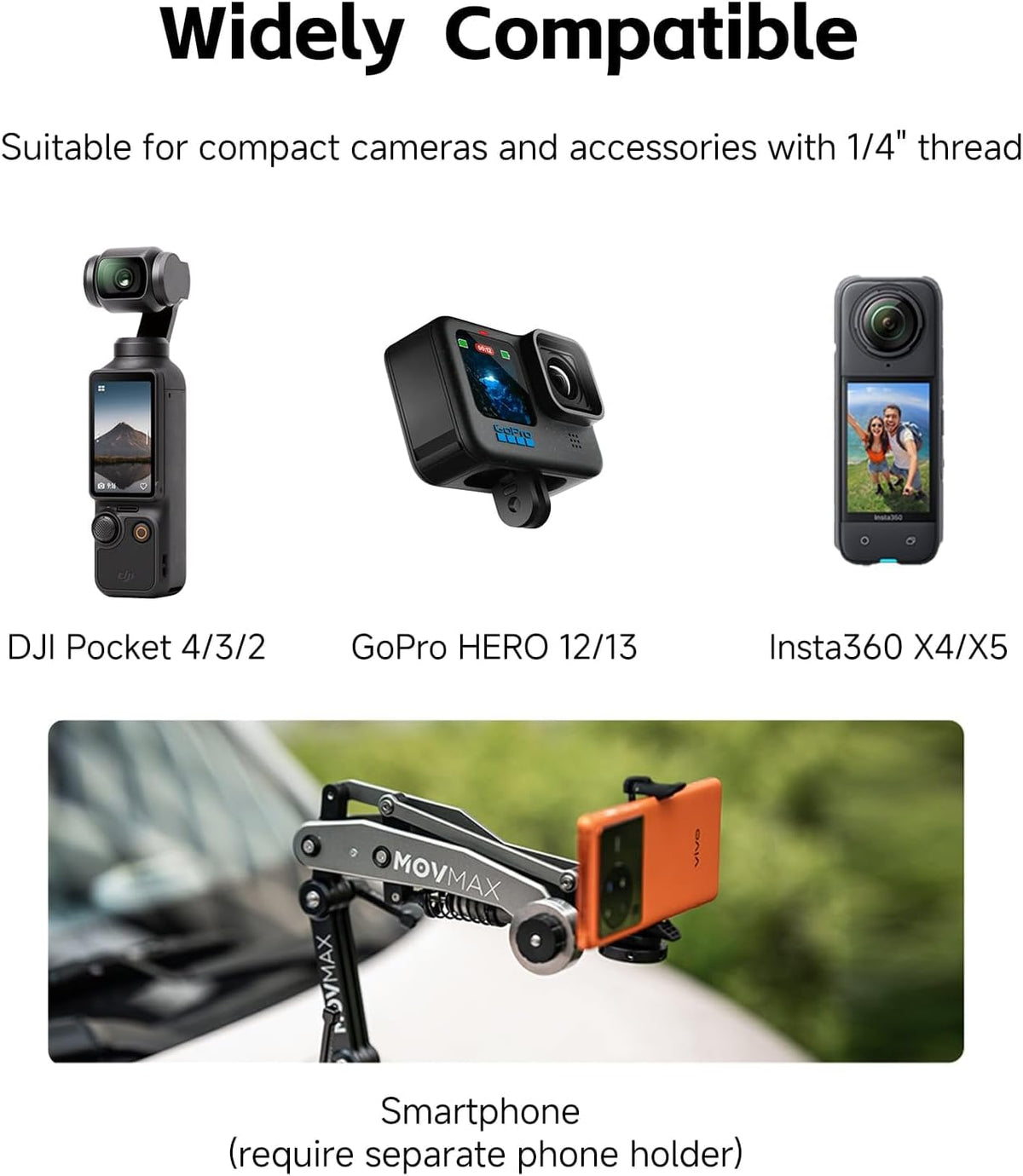 MOVMAX Blade Arm Solar Electronic Suction Cup Mount, Shock Absorber Arm Car Mount for DJI Pocket 4/3, GoPro Hero 13, 360 Action Cameras with Auto Pressure Detection & LCD Display, Pocket 3 Accessories