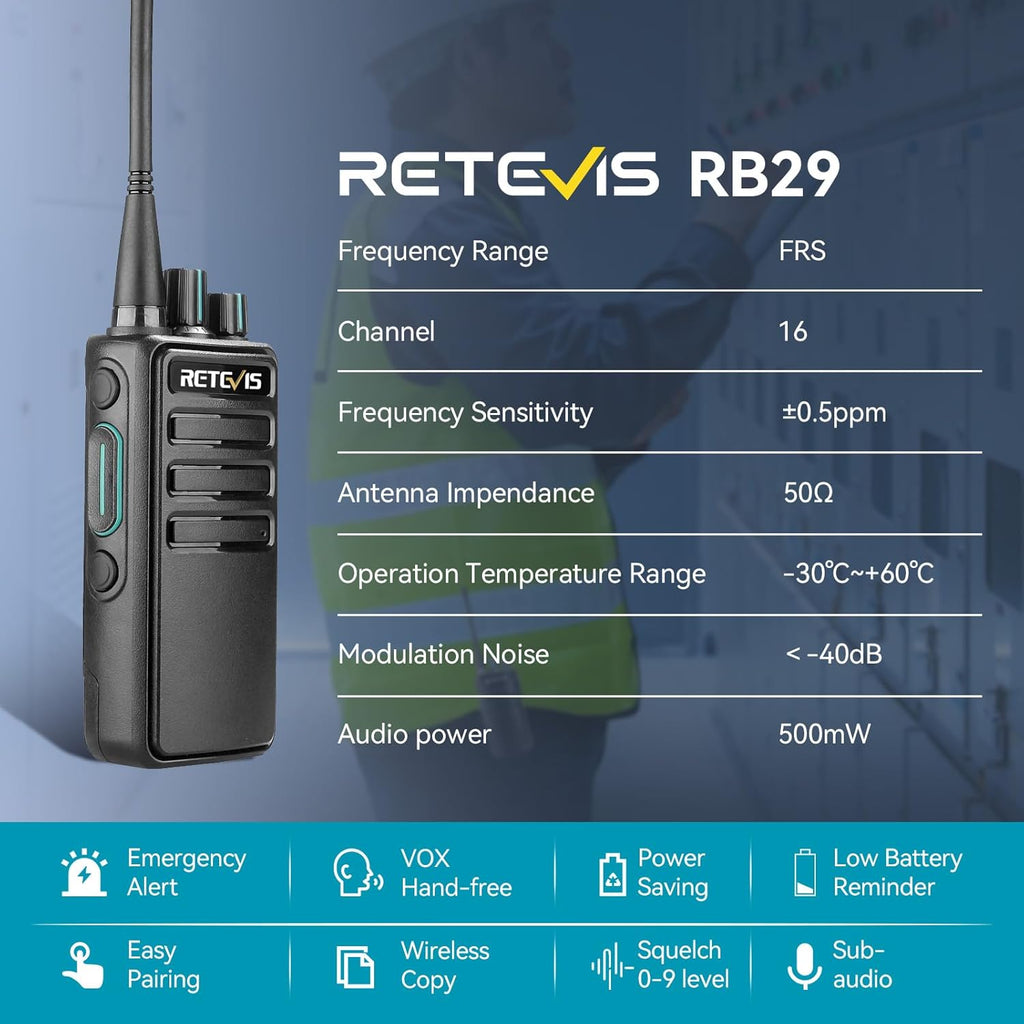 Retevis RB29 2 Way Radio Long Range,Two Way Radios with Waterproof Shoulder Mic,USB Charging Base,Rugged Walkie Talkies Rechargeable for Business Worksite Construction Site Industrial(4 Pack)