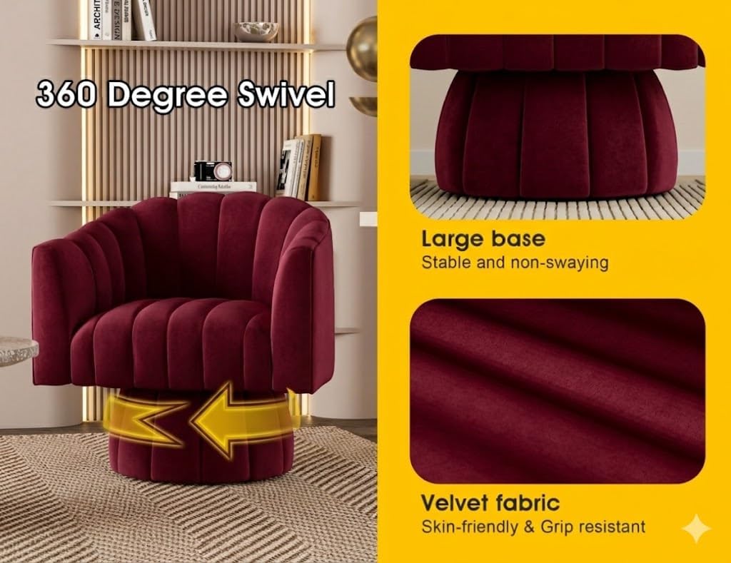 Dewhut Swivel Accent Chair, 360° Swivel Barrel Chair with Armrest, Velvet Upholstered Single Sofa Reading Chair for Living Room,Bedroom,Waiting Room(Red)