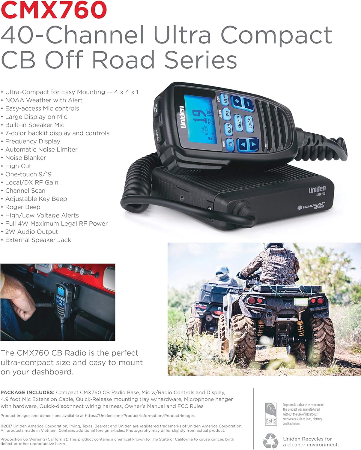Uniden CMX760 Bearcat Off Road Series Compact Mobile CB Radio, 40-Channel Operation, Ultra-Compact for Easy Mounting, Large 7-Color Backlit LCD Display on Mic with Built-in Speaker Mic, Black