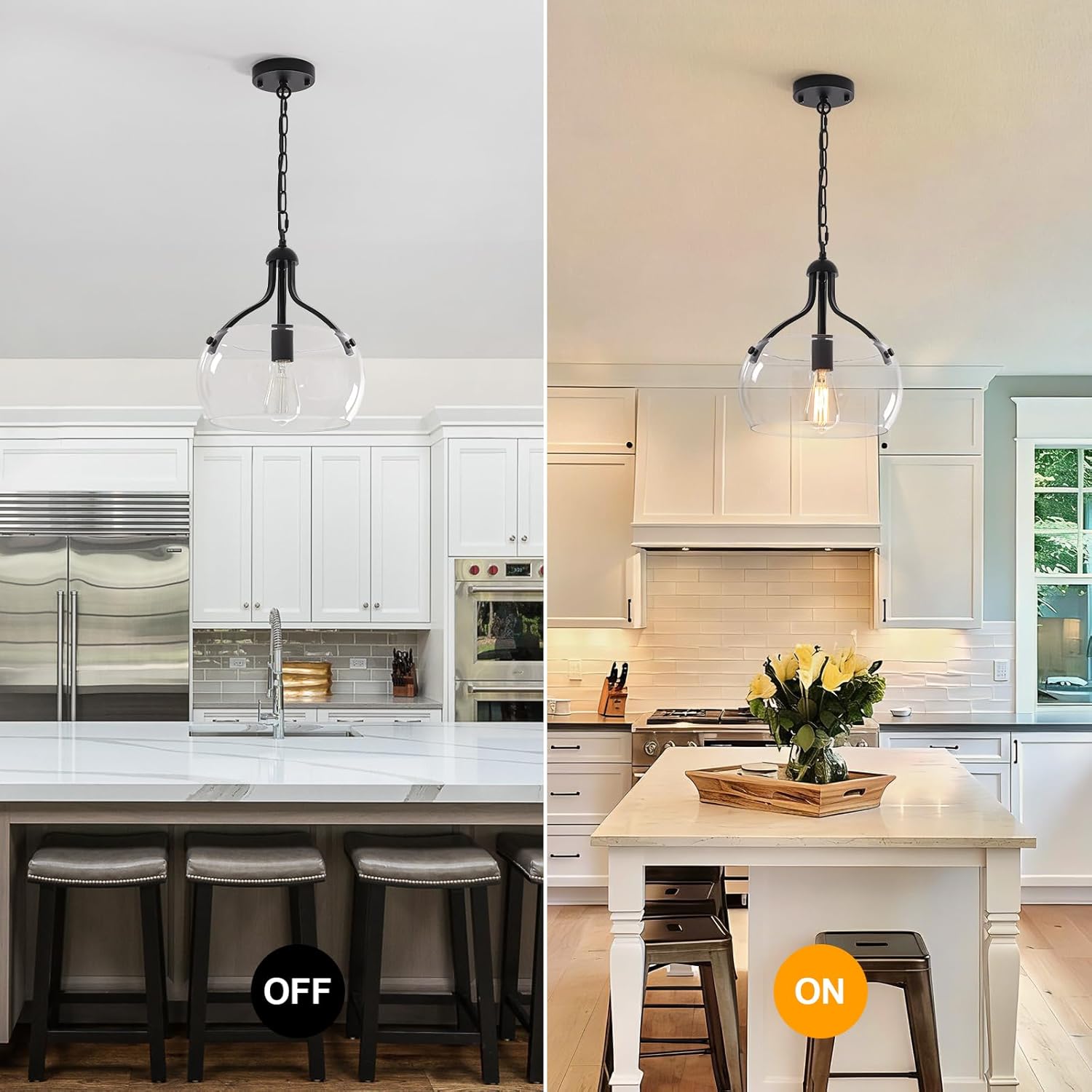 1-Lights Modern Pendant Lights Kitchen Island, Matte Black Pendant Light Fixtures with 11.8" Clear Glass Shade, Industrial Hanging Chandelier for Kitchen Entryway Bedroom Foyer