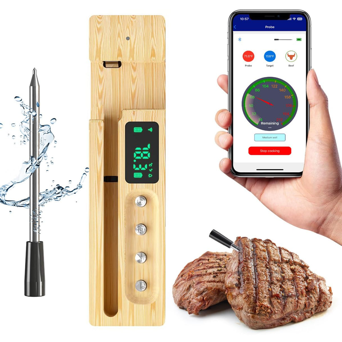 Wireless Meat Thermometer Digital, Smart Bluetooth Instant Read Thermometer .±0.9℉ Accuracy, IP68 Waterproof Food Thermometer for Oven, Smoker, BBQ, Rotisserie, Kitchen