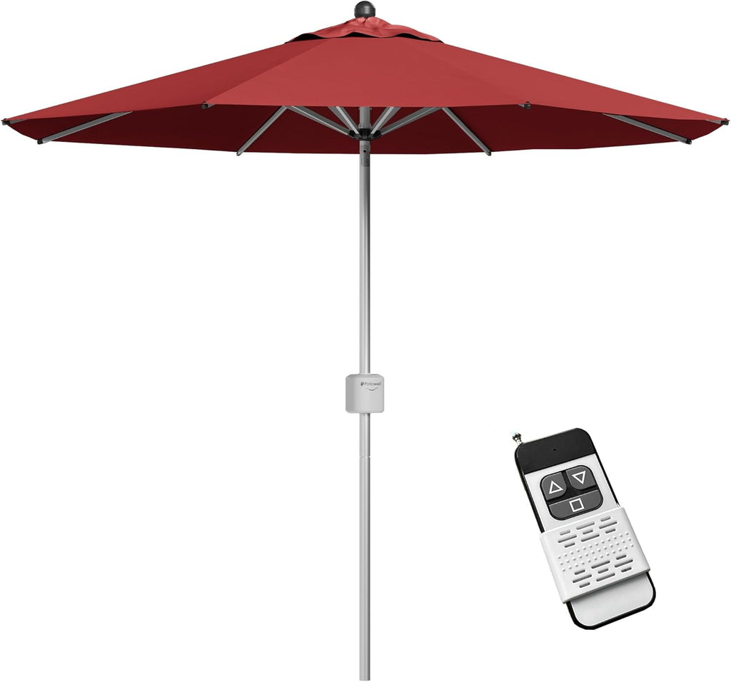 Patiowell 9 FT Motorized Patio Umbrella, Remote Outdoor Umbrella with Heavy Duty Aluminum Frame, Removable Power Bank and Push Button Tilt for Backyard, Pool, Garden, Beach, Burgundy Red