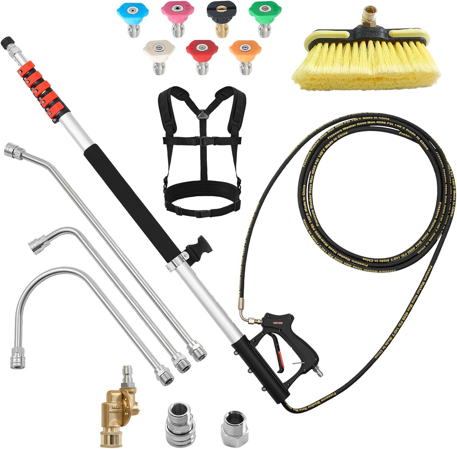 VEVOR 25 FT Pressure Washer Telescoping Wand, with Power Washer Extension Wands & High Pressure Hose, Brush Head, 7 Nozzles, Hose Adapter, Upgrade Support Belt, Storage Bag, 4000 PSI for High Cleaning