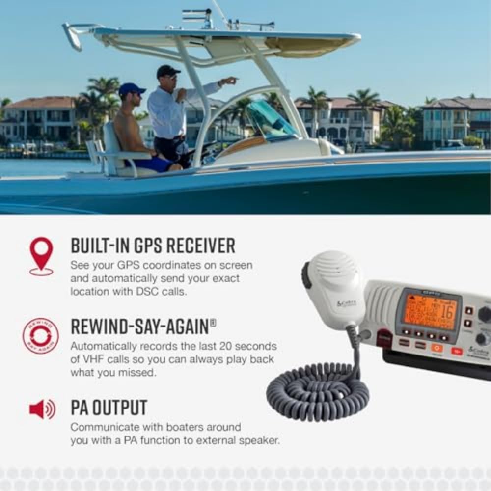 Cobra MR F77W GPS Fixed Mount VHF Marine Radio – 25 Watt VHF, Built-In GPS Receiver, Submersible, LCD Display, Noise Cancelling Mic, NOAA Weather, Signal Strength Meter, Scan Channels, White