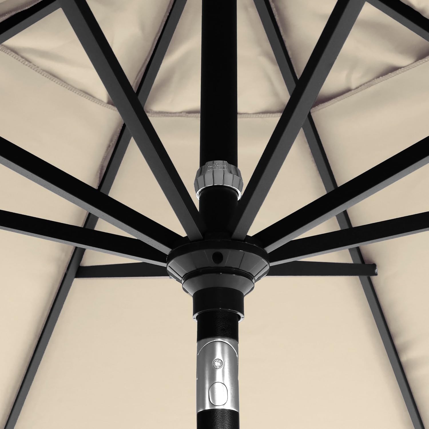California Umbrella 12-Year-Non-Fading, 9Ft Premium Sunbrella Patio Umbrella, Hand-Crank, Button-Tilt, Black Frame, Beige Fabric