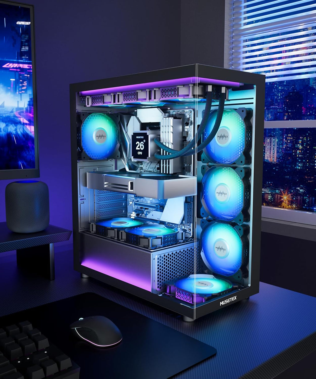 MUSETEX ATX PC Case 7 PWM ARGB Fans Pre-Installed, Type-C Mid Tower Computer Case with Full-View Dual Tempered Glass, Gaming PC Case, Black(K2)