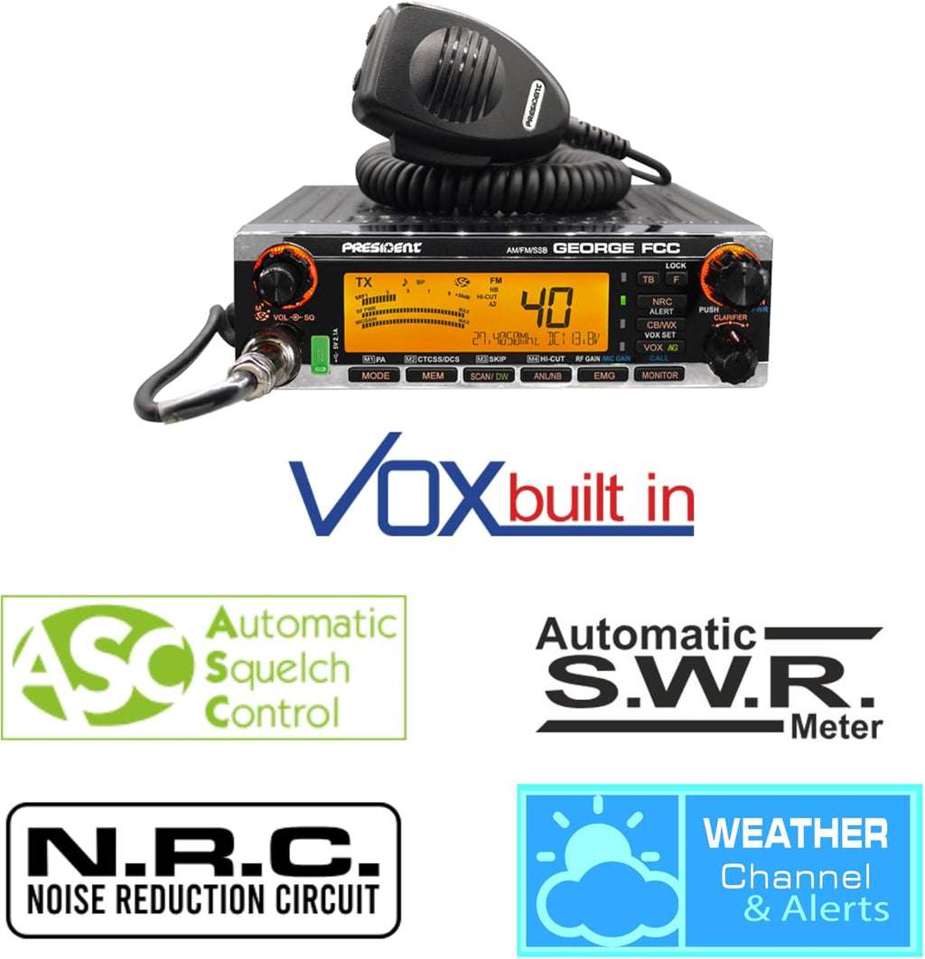 George FCC AM/FM/SSB CB Radio with DIGIMIKE Microphone, CTCSS/DCS, Large 7 Color LCD Display, Weather Channel/Alert, ASC, VOX, Scan Skip, USB Port, NRC, Automatic SWR, PA, with Keychain