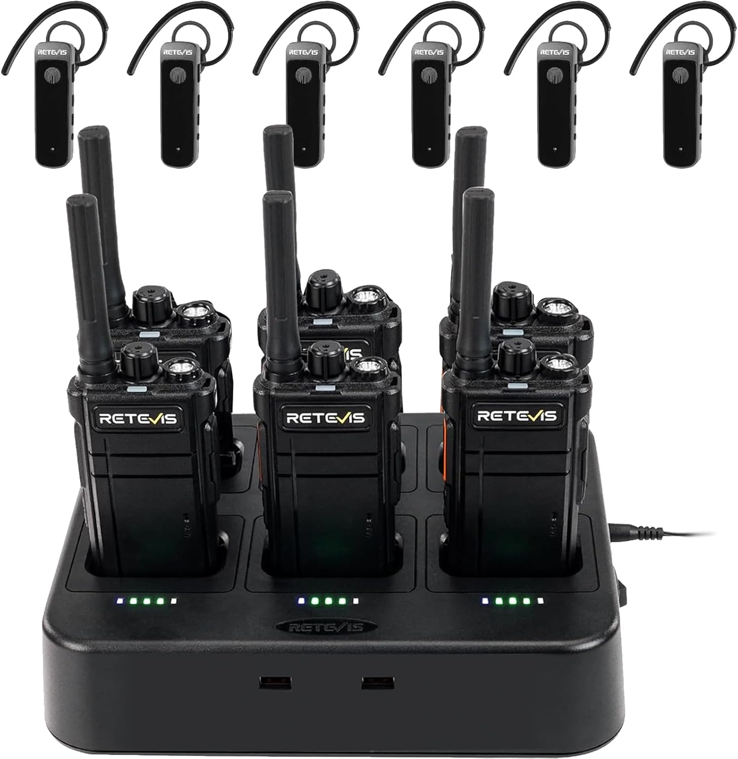 Retevis RB37 Bluetooth Walkie Talkies with 6-Way Charger,Wireless Two Way Radio with Earpiece,Flashlight,2000mAh for 21-Hours,Type-C,Business 2 Way Radios for Security Hospital Retail Church(6 Pack)