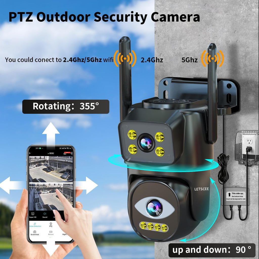 LETSCEE Dual Lens WiFi Security Camera Outdoor,5G/2.4G PTZ Outdoor Auto Tracking,HOM Security Surveillance System Camera,WiFi,Night Vision,7/24 Recording