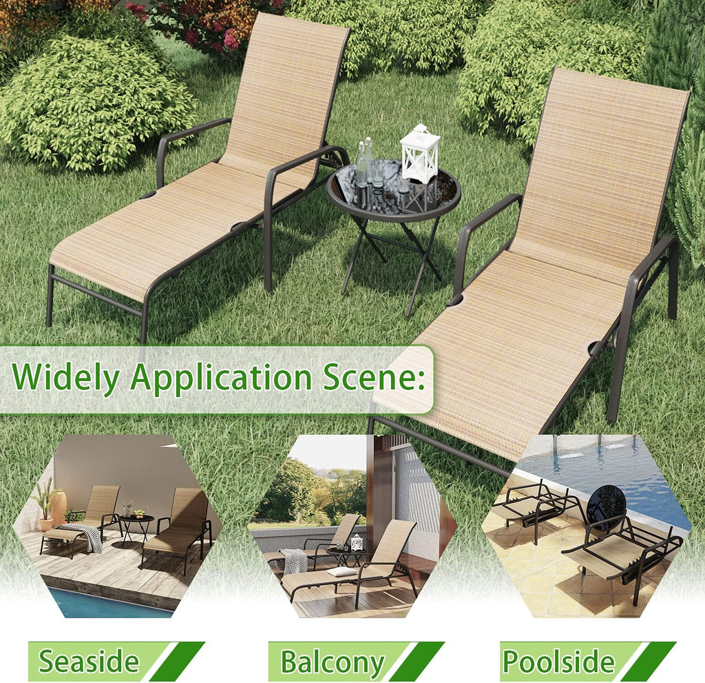 Devoko Patio Chaise Lounges Sets Outdoor Lounge Chairs with Adjustable Backrest & Sturdy Glass Top Coffee Table Suitable for Poolside, Beach, Backyard, Garden (Beige)