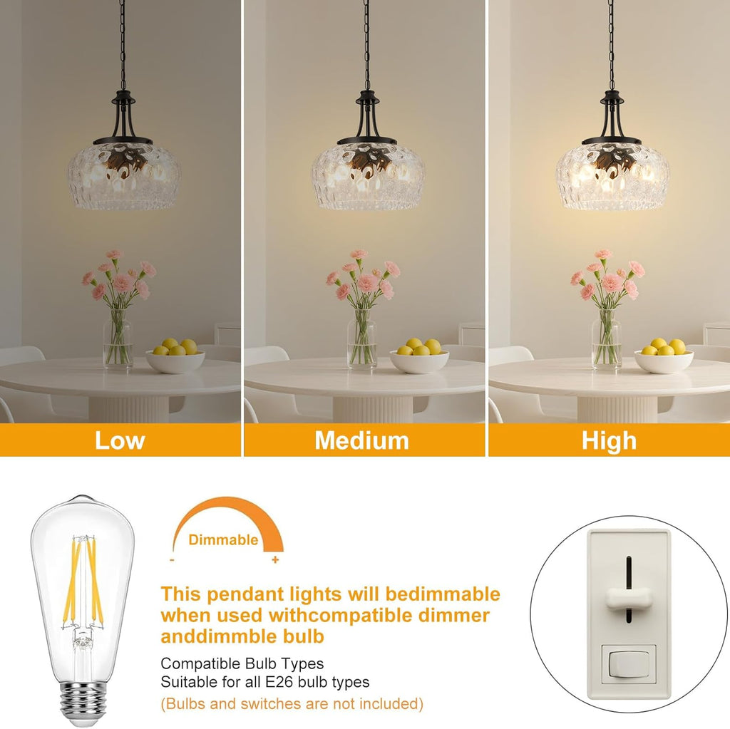 Modern Pendant Lights Kitchen Island, 3-Light Black Pendant Light Fixtures with 14.2" Clear Hammered Glass Shade, Industrial Hanging Pendant Lights Fixture for Kitchen Island, Dining Room, Entryway