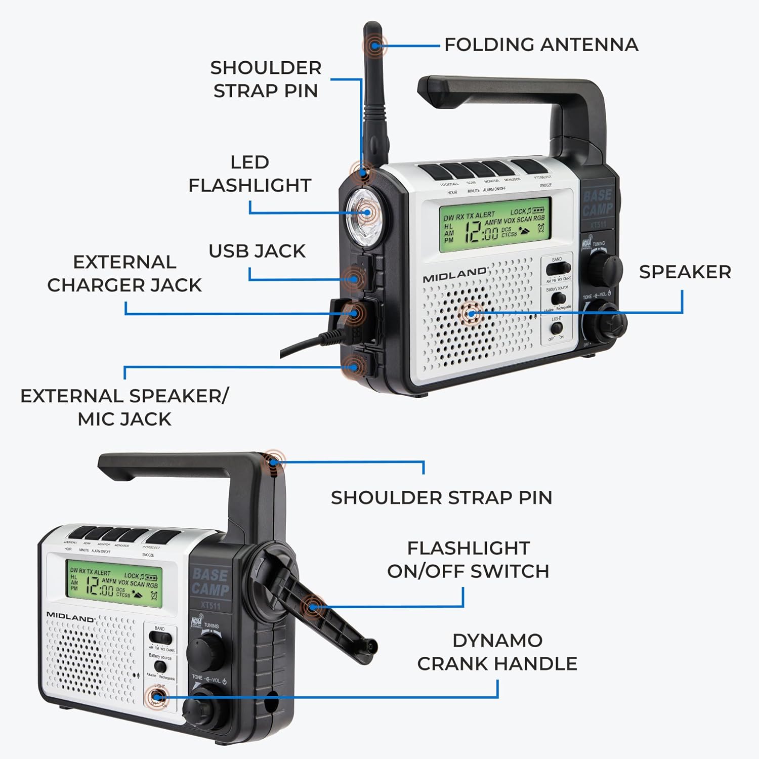Midland® - XT511 - Emergency Radio - 22 Channel Two-Way Base Camp Radio with 5 Power Options, 121 Privacy Codes, 3-LED Flashlight & NOAA Weather Scan + Alert - Gray/Black