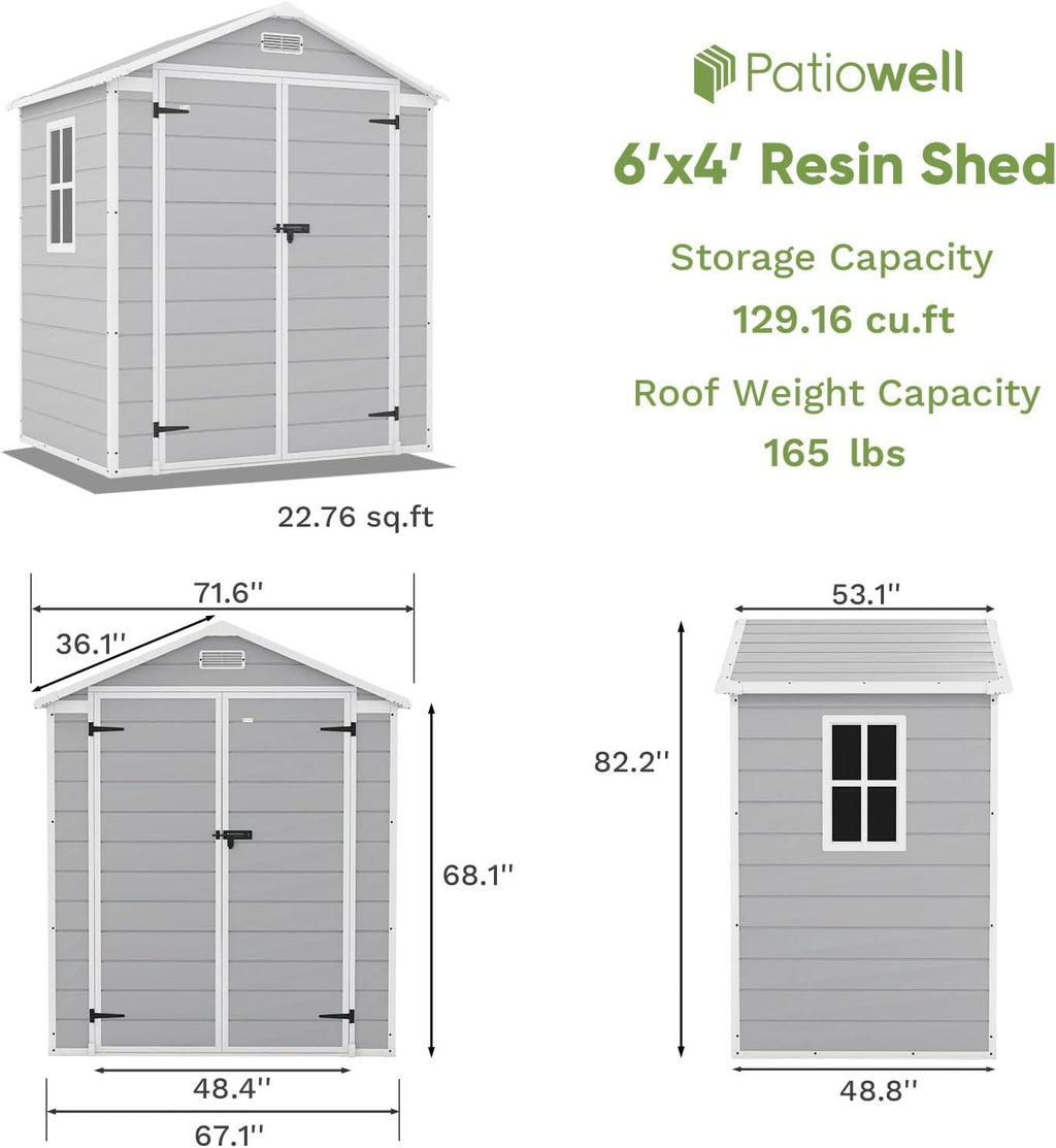 Patiowell 6 x 4 FT Plastic Outdoor Storage Shed with Floor, Resin Outside Sheds with Window, Garden Tool Shed with Lockable Door for Patio Storage, Backyard, Light Gray