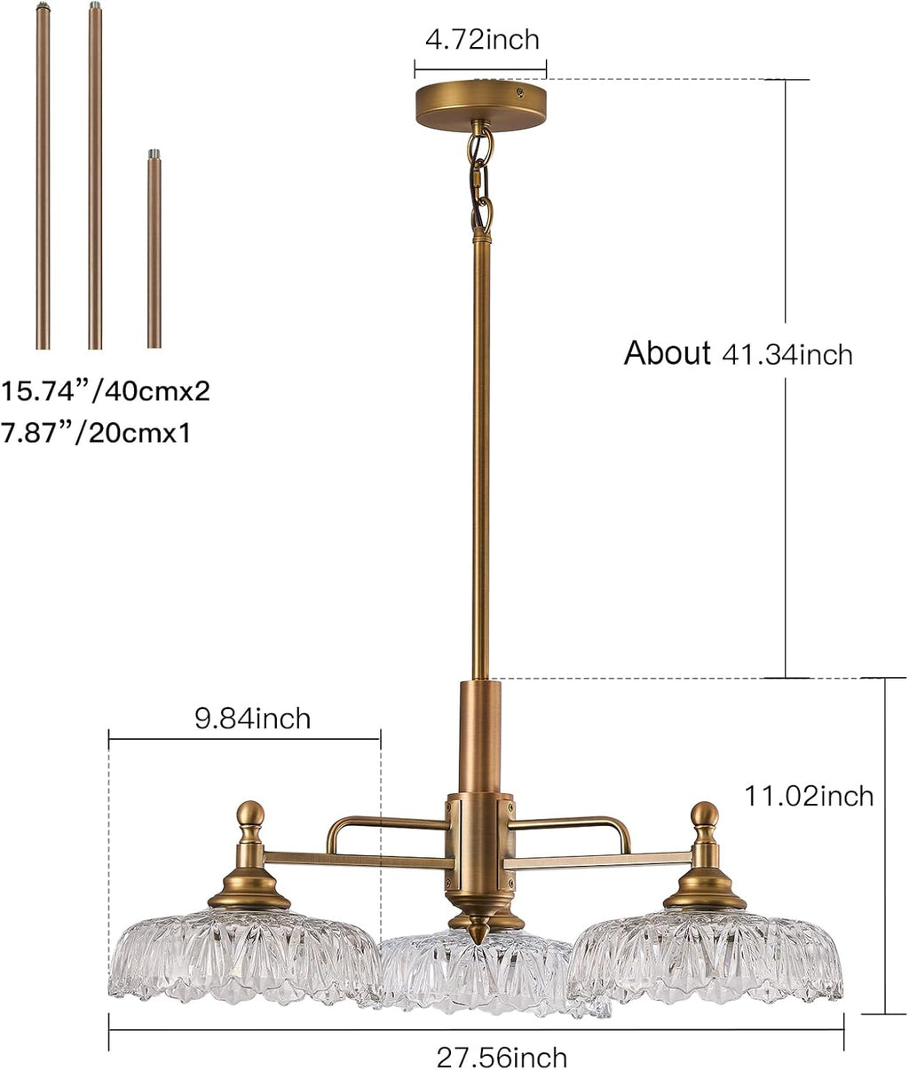 HDDFL Chandelier Pendant Lights Fixture Vintage Pendant Lighting Fixtures 3 Lights Chandelier E26 Base Brass Kitchen Glass Hanging Lamp for Island Dining Room Living Room