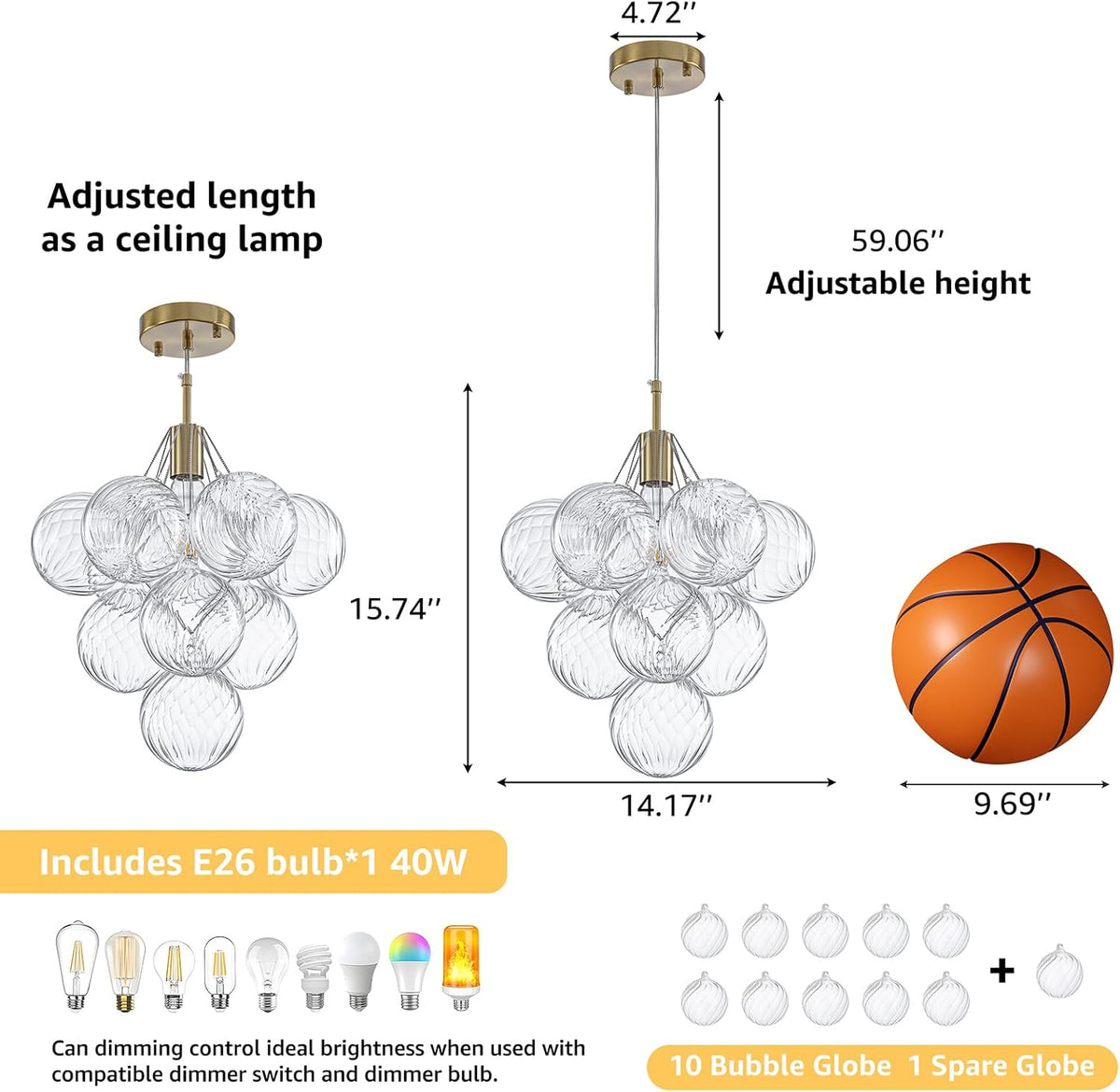 Dining Room Chandelier 14.17", Modern Brushed Gold Pendant Light Bubble Ceiling Light Chandelier Vintage Hanging Light Fixtures with 10 Swirled Glass Globe for Foyer Bedroom Kitchen, Include E26 Bulb