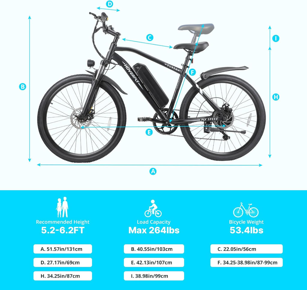 Hoverfly OUREA 26" Electric Bike for Adults, 750W Peak Motor Mountain Ebike, 20MPH Up to 40 Miles, UL2849 Certified, 7-Speed, Removable Battery, Shock Absorber, Fat Tire Commuter E-Bike