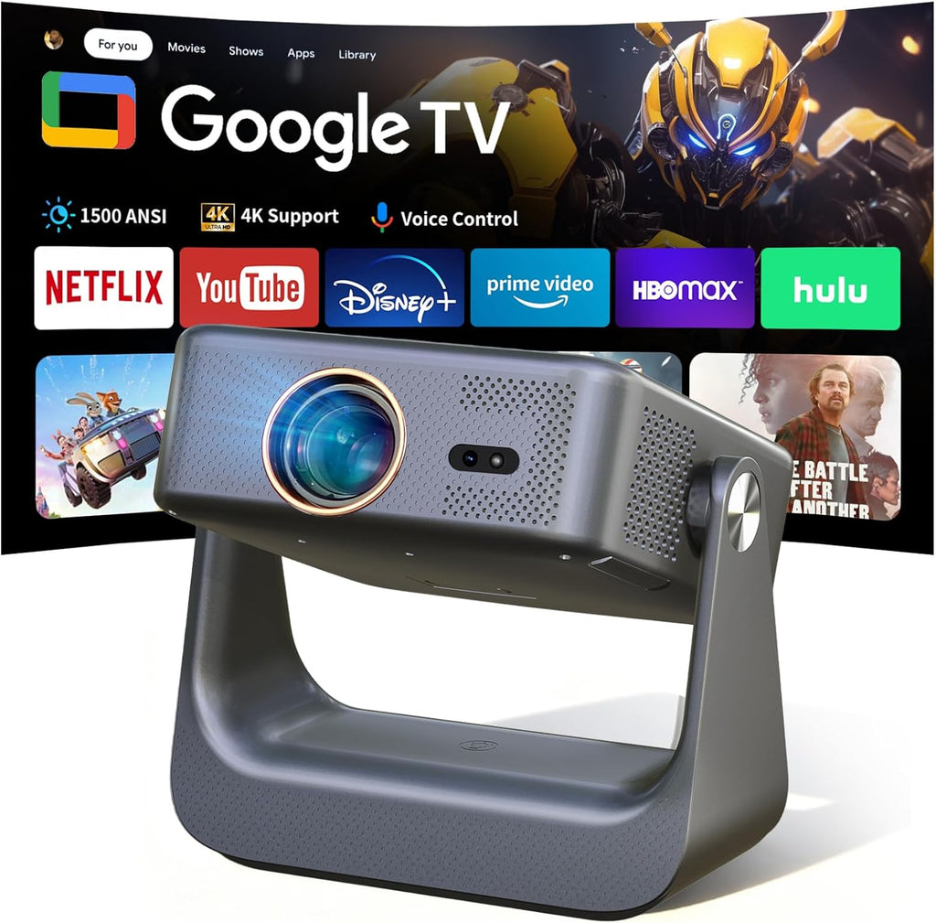 【Official Google TV/1500 ANSI/4K Supported】Smart TV Projector with WiFi and Bluetooth, Native 1080P Portable Projector, Auto Focus & Keystone, Voice Input, Mini Proyector for Home Cinema, iOS/Android