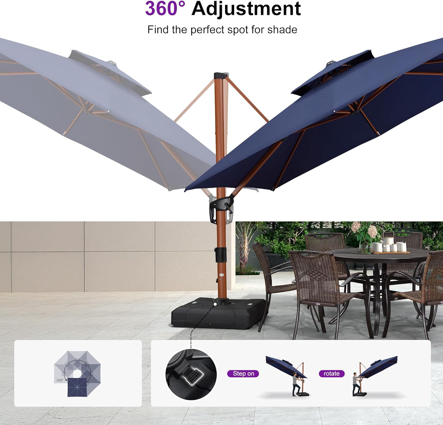 PURPLE LEAF 10ft Patio Umbrella Outdoor Square Umbrellas Large Cantilever Umbrella Windproof Offset Umbrellas Heavy Duty Sun Umbrella for Garden Deck Pool Patio, Navy Blue