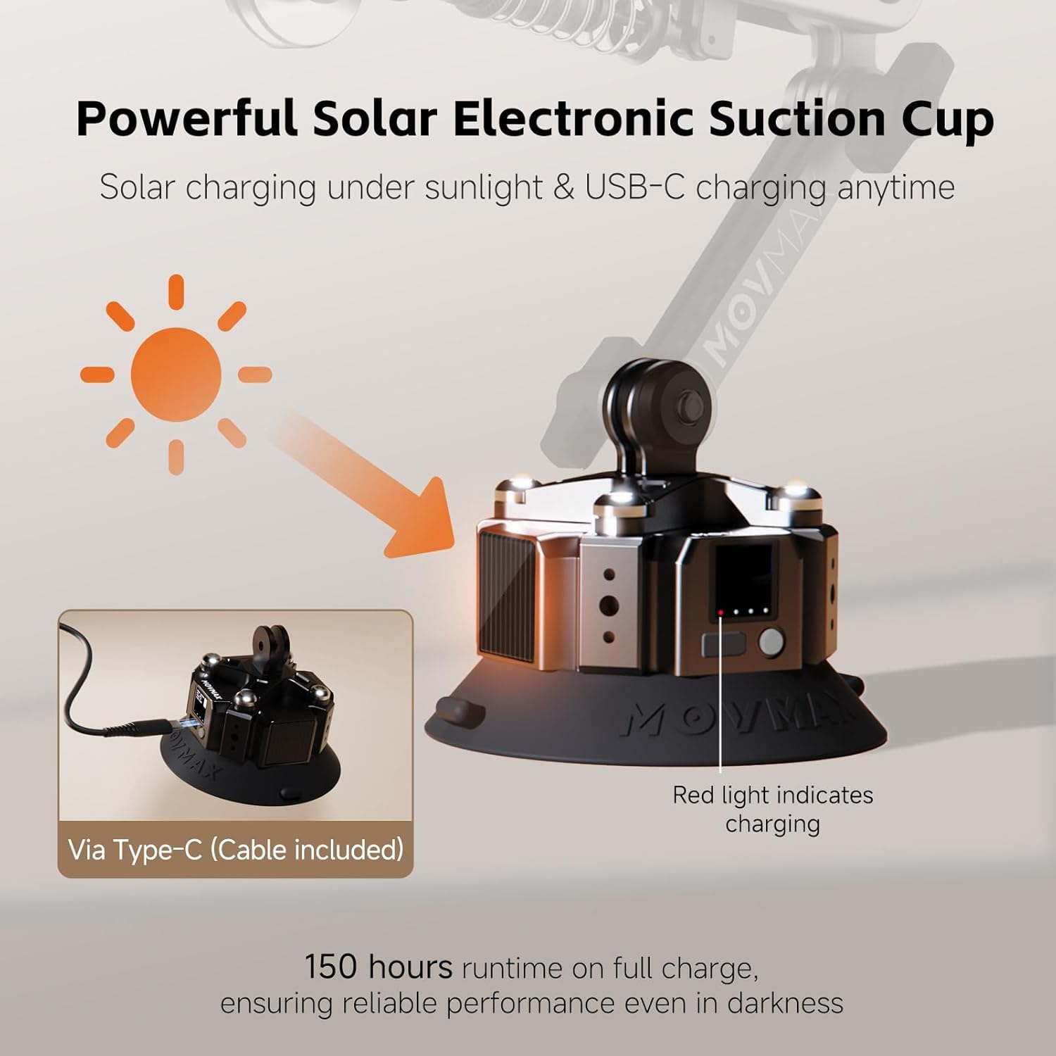 MOVMAX Blade Arm Solar Electronic Suction Cup Mount, Shock Absorber Arm Car Mount for DJI Pocket 4/3, GoPro Hero 13, 360 Action Cameras with Auto Pressure Detection & LCD Display, Pocket 3 Accessories