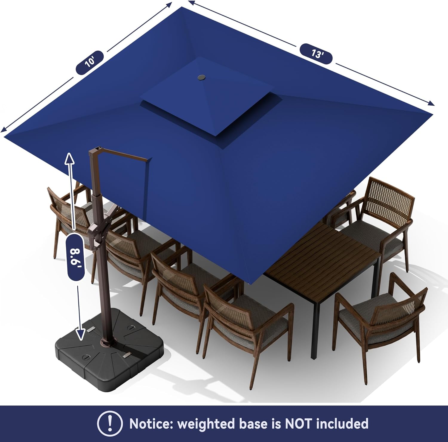 10 X 13 FT Cantilever Outdoor Patio Umbrella with LED Lights Large Heavy Duty 360° Rotation Double Top Offset Rectangular Umbrellas for Backyard Garden Pool Outside Deck, Navy