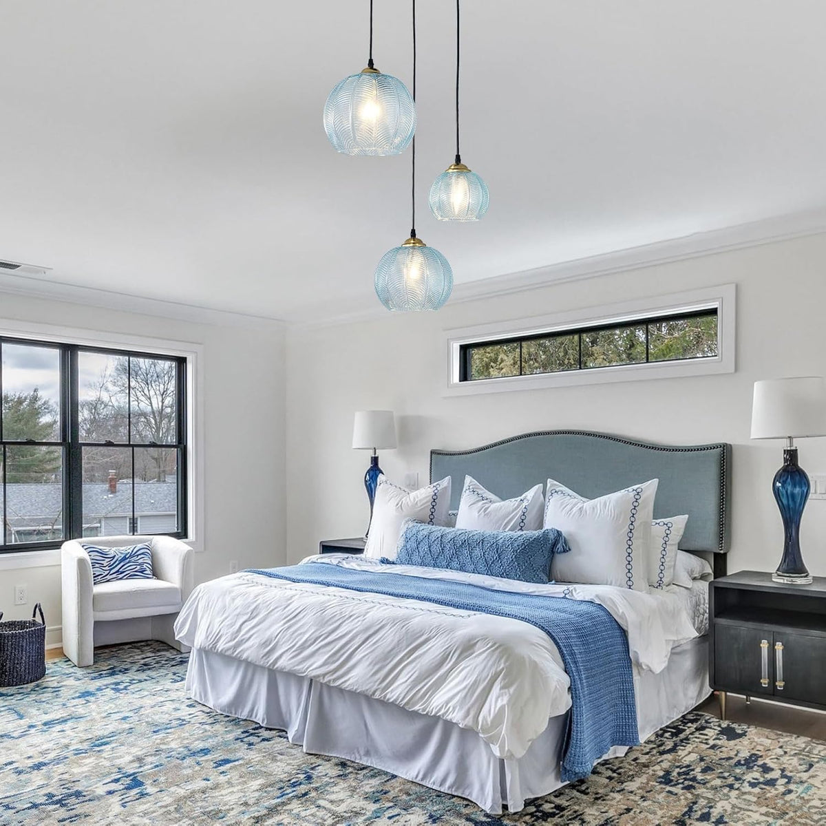 3-Light Blue Cluster Glass Pendant Light, Hanging Chandelier with Globe Shade, Glass Ball Pendant Light Fixtures for Kitchen Island, Dining Room, Living Room, Bedroom