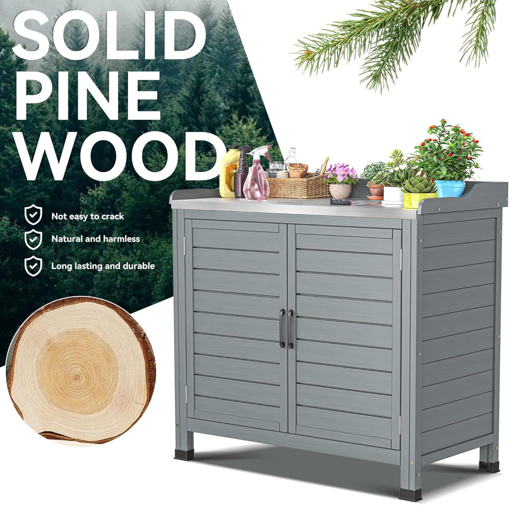 YITAHOME Outdoor Garden Potting Bench with Storage Cabinet, Metal Tabletop & Removable Shelf, Wooden Planting Workstation for Patio, Garden, Yard (Grey)