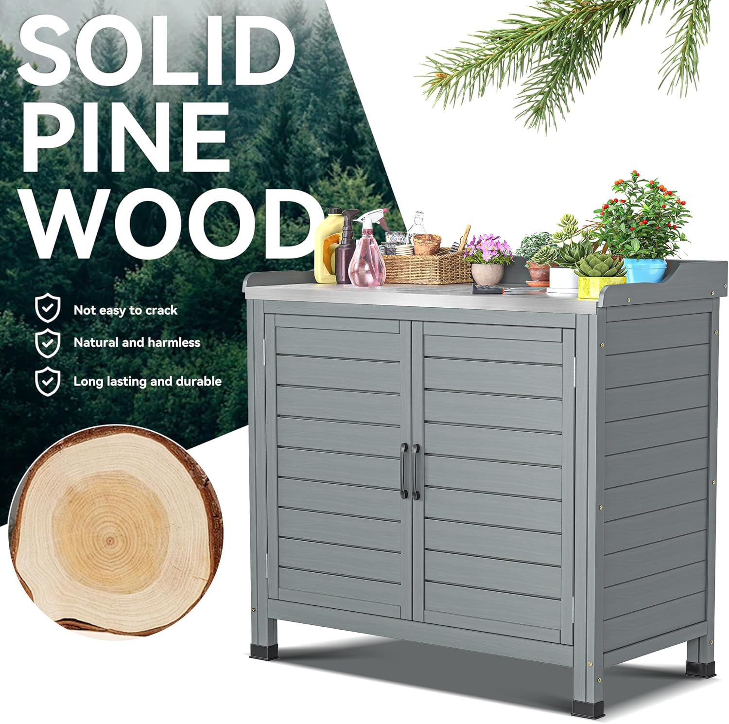 YITAHOME Outdoor Garden Potting Bench with Storage Cabinet, Metal Tabletop & Removable Shelf, Wooden Planting Workstation for Patio, Garden, Yard (Grey)