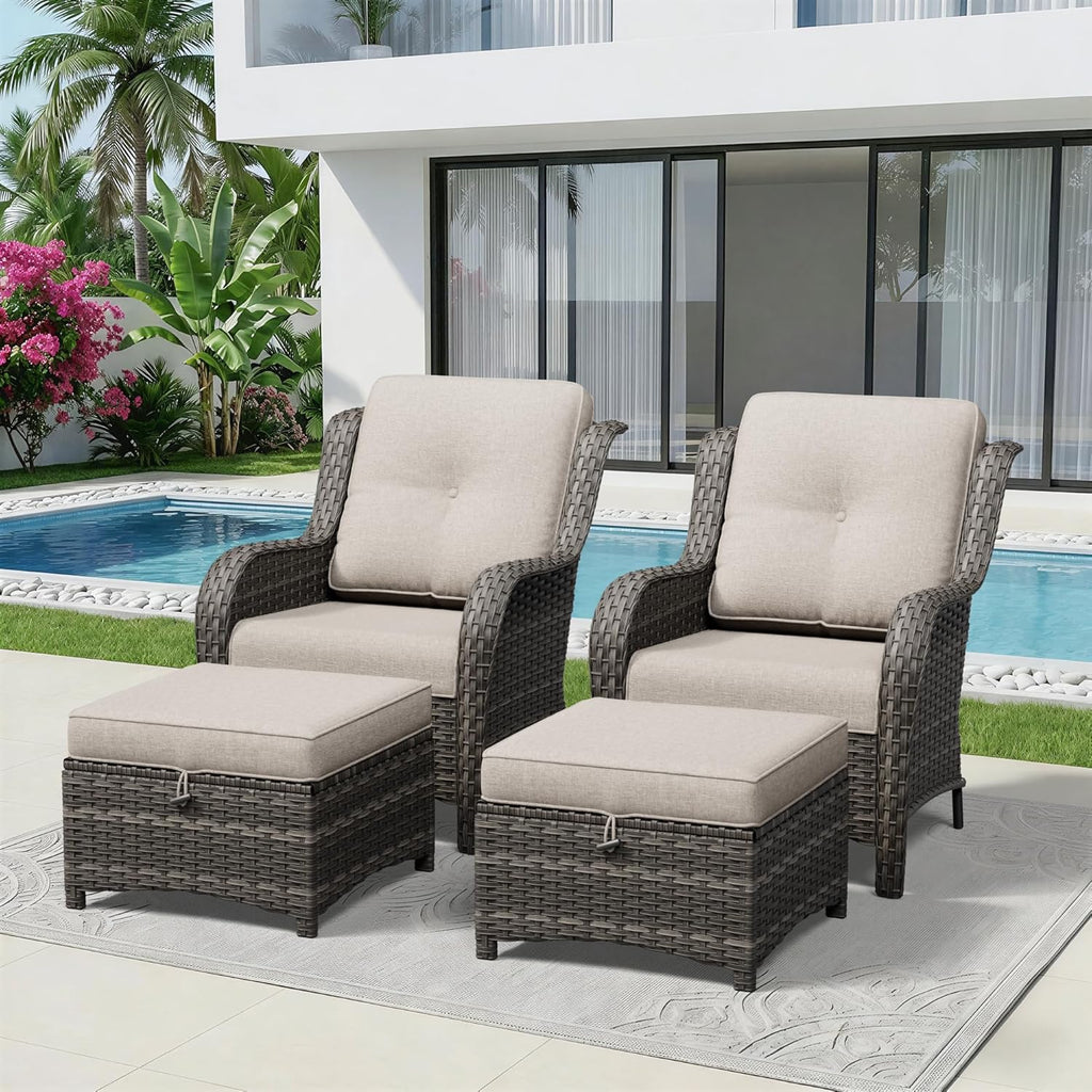 4 Piece Outdoor Wicker Patio Furniture Set, Patio Chairs Set with Thickened Olefin Cushions, High Back and Deep Seating, Hand-Woven PE Rattan, Ottoman for Porch, Deck, Beige
