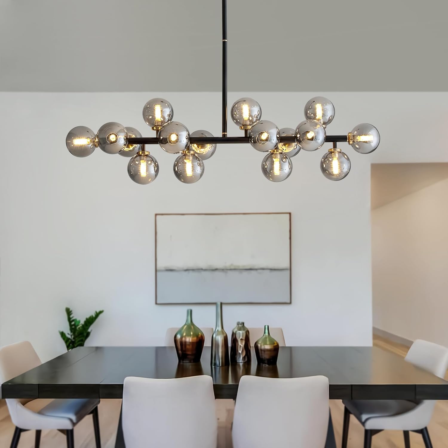 16 Lights Mid Century Modern Chandelier Black Linear Chandelier Light Fixtures Glass Globe Sputnik Pendant Light for Dining Room Kitchen Island (Smoke Gray Lampshade)