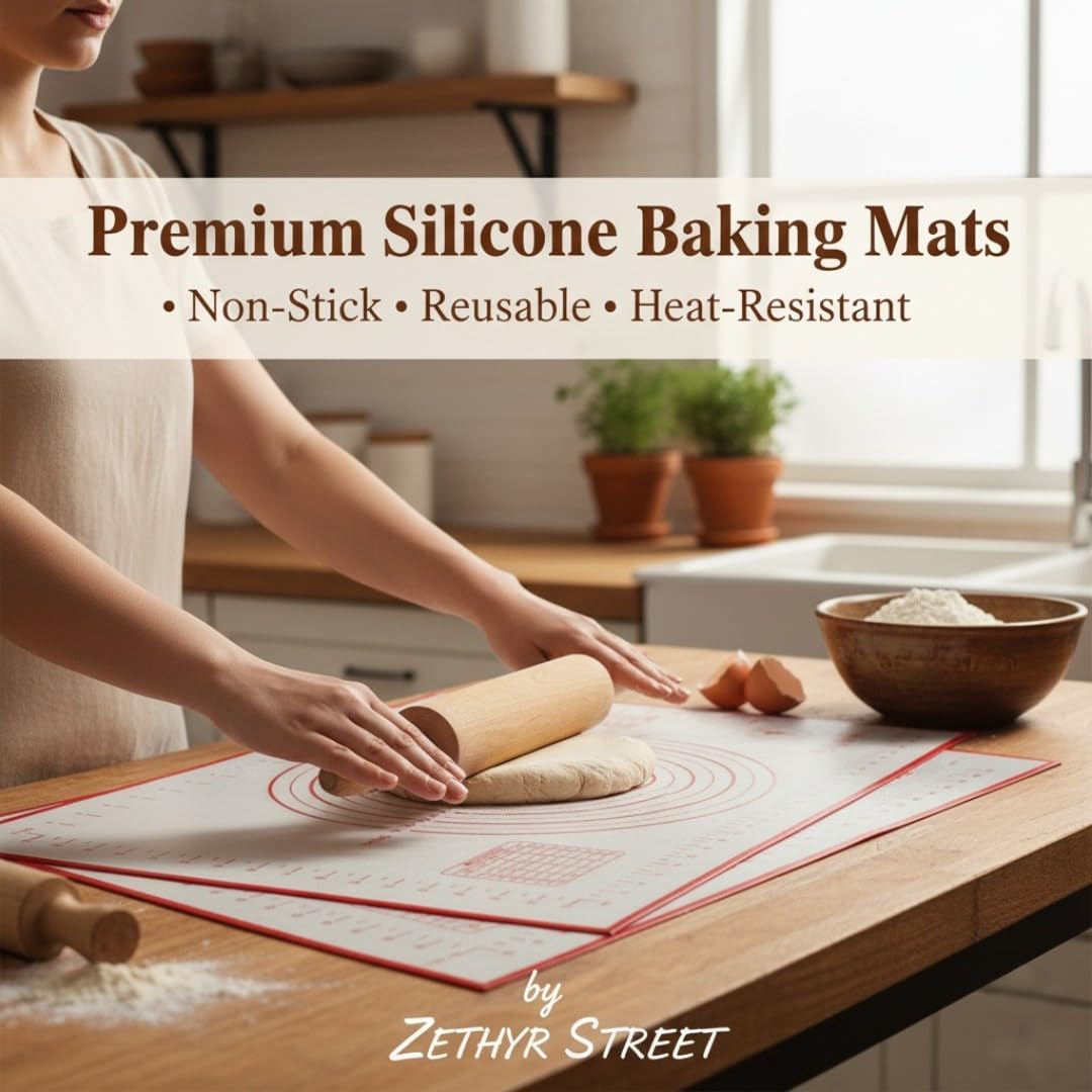 Silicone Baking Mat, Full Sheet Non-Stick Pastry & Dough Mat with Measurement Guides, Silicone Mat & Baking Essentials, 15" x 23"(Pack of 2)