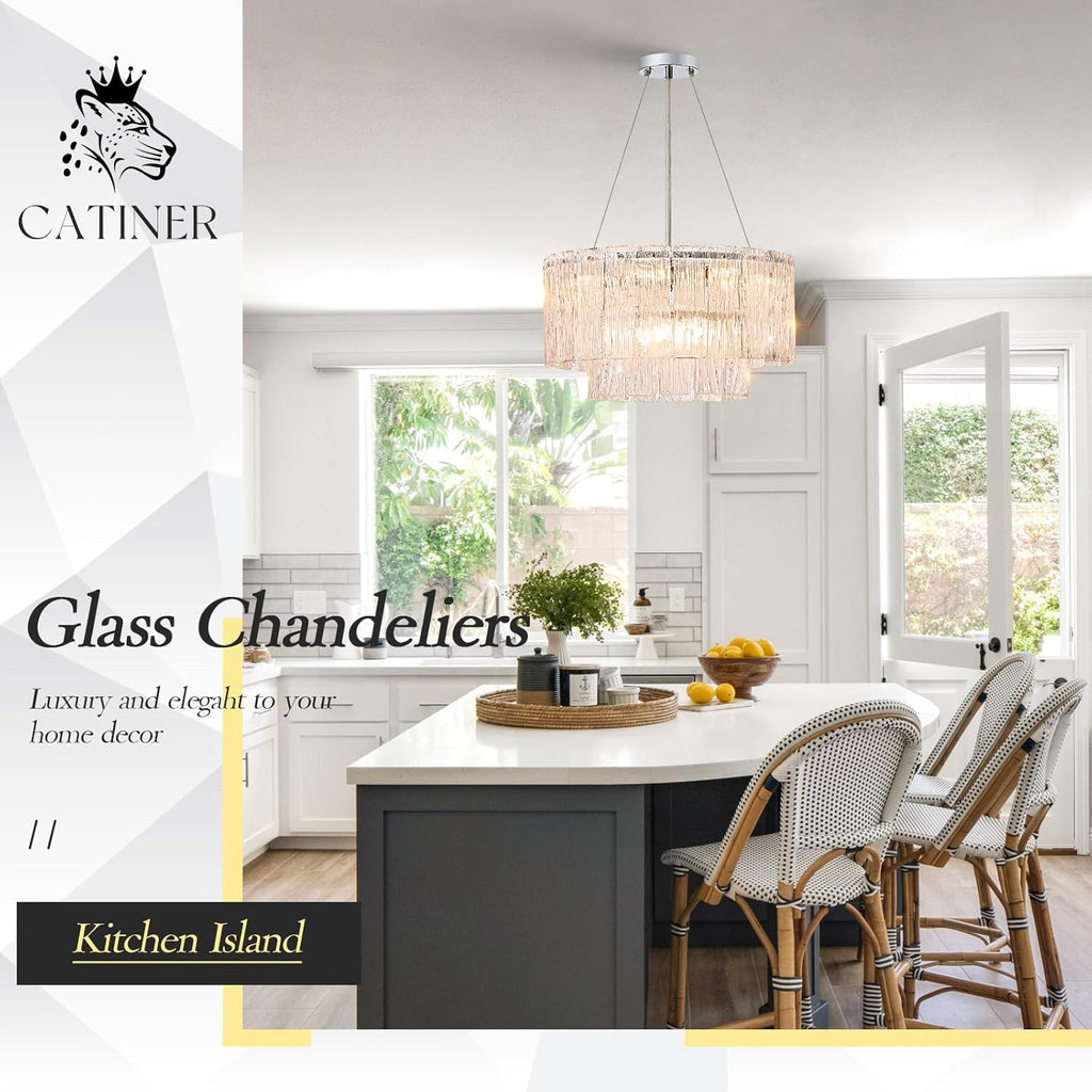 Modern Chrome Chandeliers, 20” 7-Light Crystal Glass Ceiling Pendant Light Fixtures Luxury Round Chandelier 2 Tiers Hanging Lighting for Dining Room Foyer Living Room Bedroom