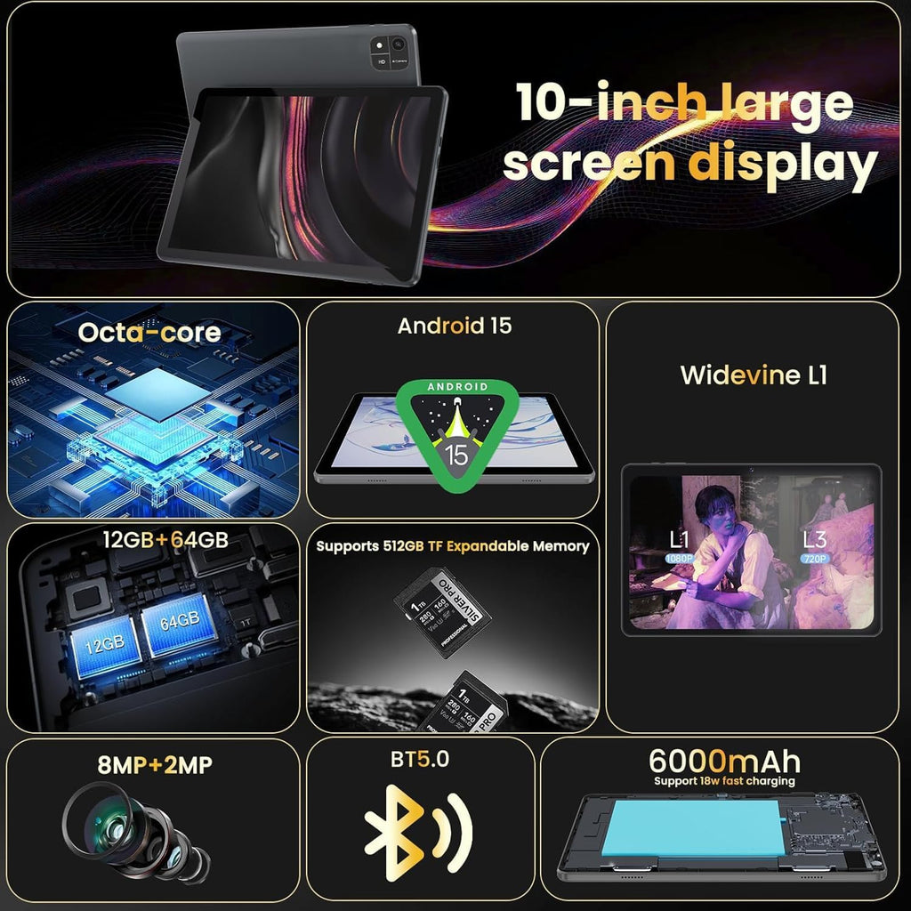 Android 15 Tablet,10 inch Tablets, Octa Core CPU, 12GB+64GB+512GB Expansion, 1280x800 Display Screen, Wi-Fi6, Dual Camera, 6000mAh Battery Tablet PC,Widevine L1 Google Kids Space