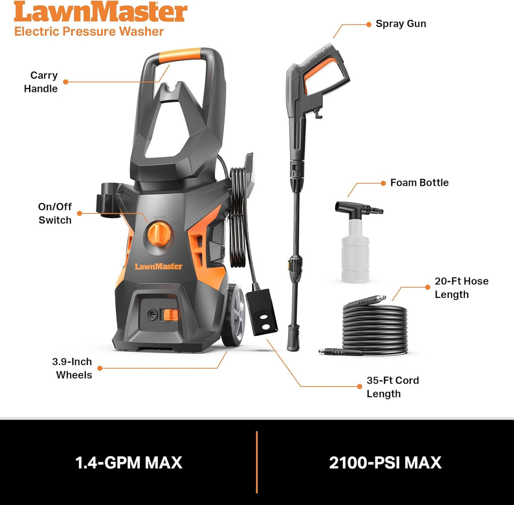 LawnMaster LT306-1800C Electric Pressure Washer 13 Amp 1.4 GPM 2100 Max PSI CSA Certified with Foam Bottle