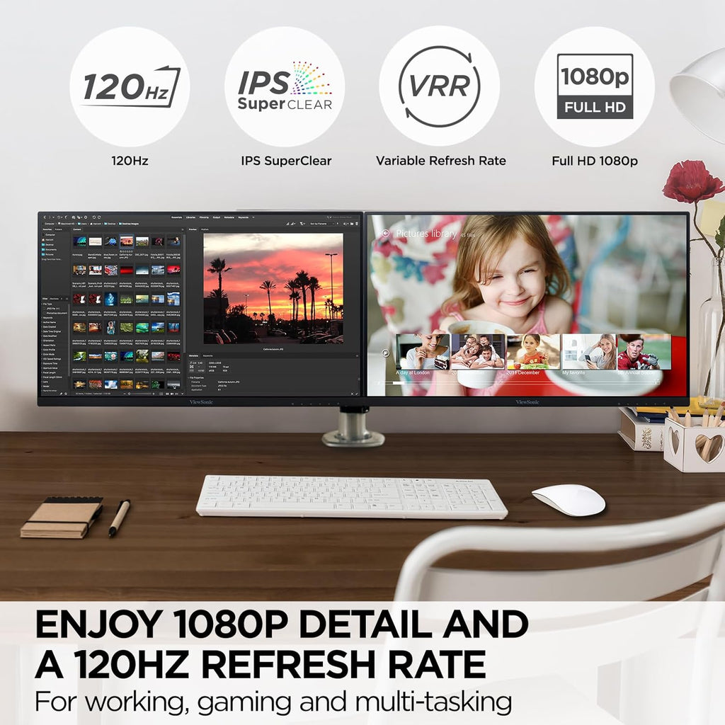 ViewSonic VA2456A-MHD_H2 Dual Monitor Pack Head-Only 1080p IPS Frameless Monitors with 120Hz, Eye Care, VESA Mountable, HDMI, DisplayPort, and VGA Inputs for Home and Office (Renewed)