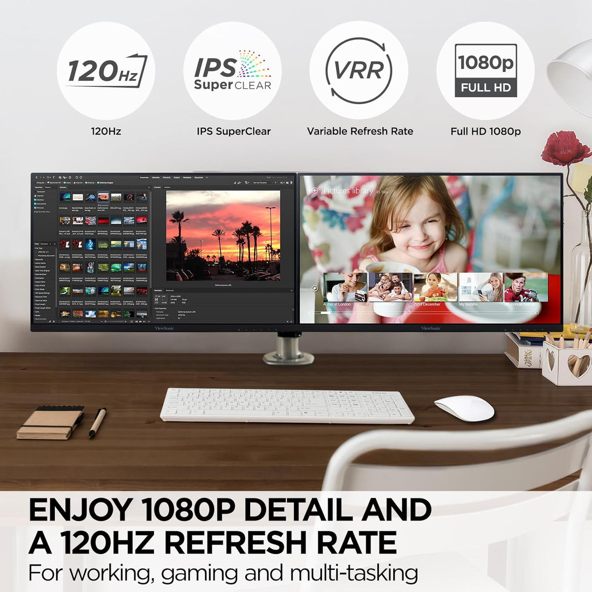 ViewSonic VA2456A-MHD_H2 Dual Monitor Pack Head-Only 1080p IPS Frameless Monitors with 120Hz, Eye Care, VESA Mountable, HDMI, DisplayPort, and VGA Inputs for Home and Office (Renewed)