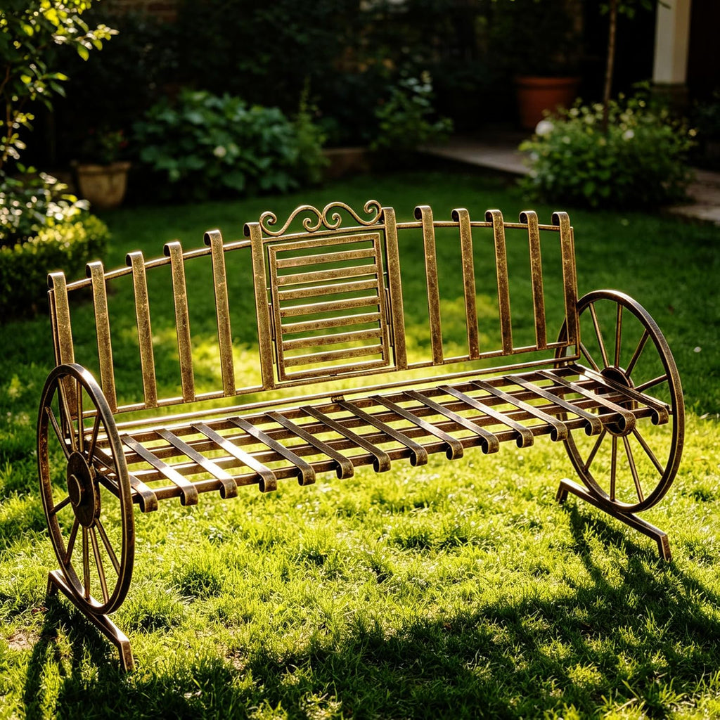 Outdoor Bench Patio Outdoor Garden Bench with Built-in Table, Wagon Wheel Arms, 3 People Outdoor Bench Garden Bench Front Porch Furniture Patio Lawn Yard Park (Bronze)