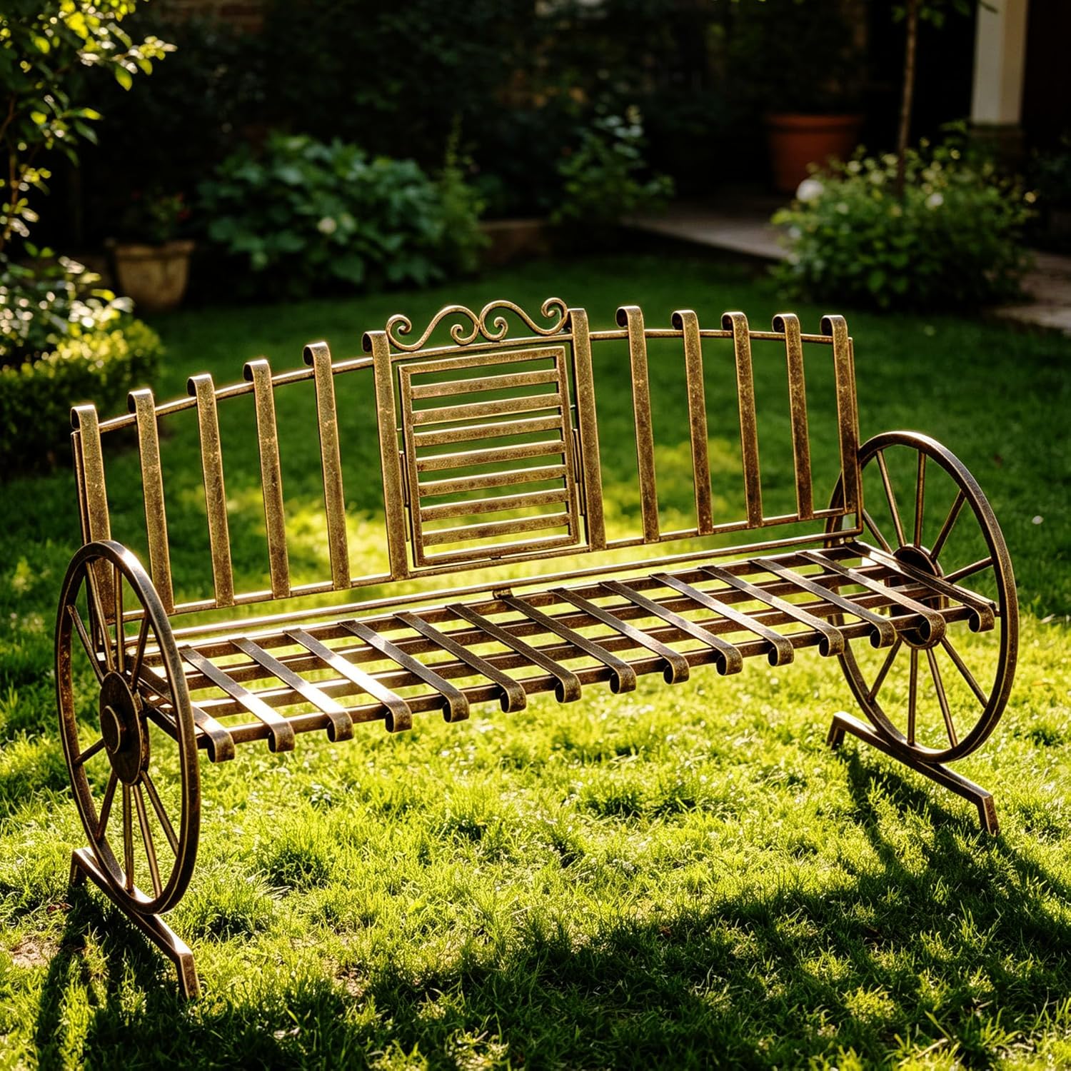 Outdoor Bench Patio Outdoor Garden Bench with Built-in Table, Wagon Wheel Arms, 3 People Outdoor Bench Garden Bench Front Porch Furniture Patio Lawn Yard Park (Bronze)