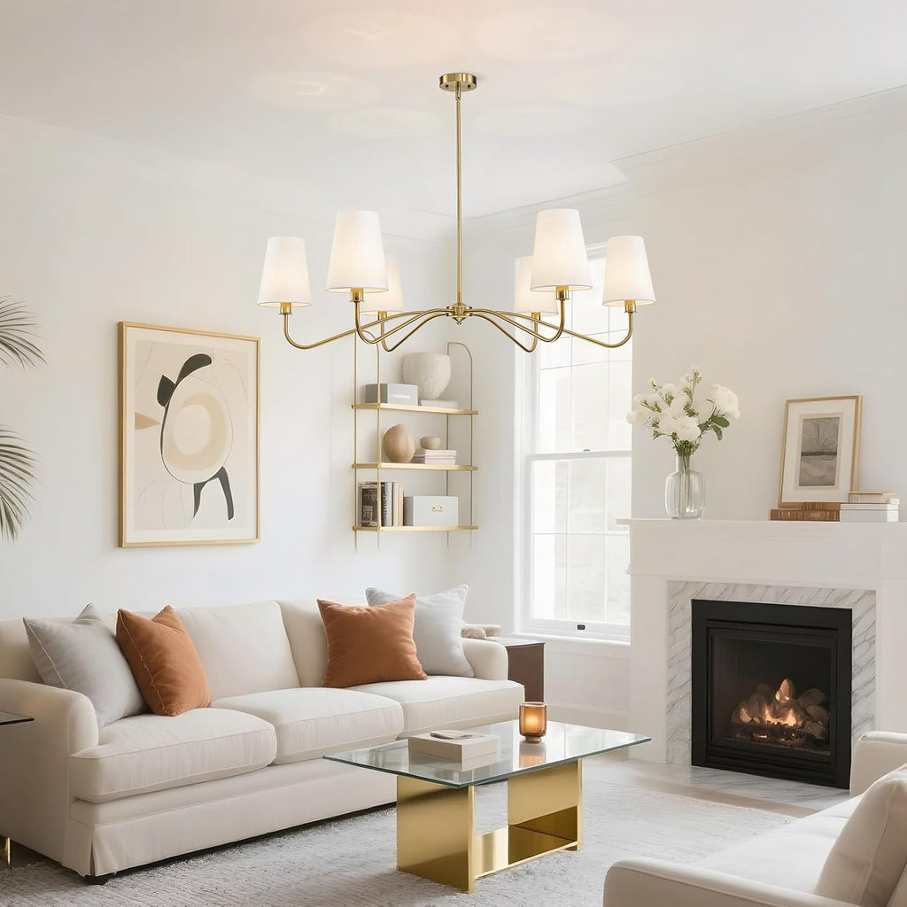 47'' Brushed Brass Chandelier with Shades, Oversized 6-Light Modern Chandelier for Living Room, Large Dining Room Light Fixture, Adjustable Brass Classic Pendant Light Fixture for Kitchen E12 Base