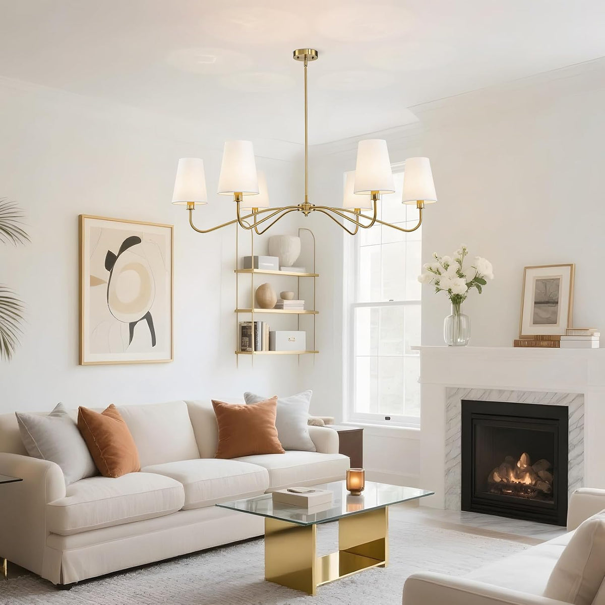 47'' Brushed Brass Chandelier with Shades, Oversized 6-Light Modern Chandelier for Living Room, Large Dining Room Light Fixture, Adjustable Brass Classic Pendant Light Fixture for Kitchen E12 Base