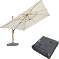 PURPLE LEAF 12FT Patio Umbrella With Base Square Cantilever Umbrella Teak Finished Aluminum Frame Large Windproof Offset Outdoor Sun Umbrellas for Beach Pool Deck, Cream