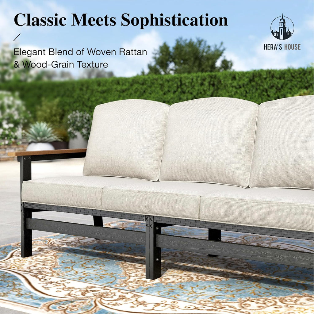 HERA'S HOUSE HDPE Patio Furniture Set, 4-Piece Outdoor Wicker Conversation Couch Set with Thick Cushion, All-Weather Patio Sofa Set for Backyard Garden Deck, Wood Grain Coffee Table
