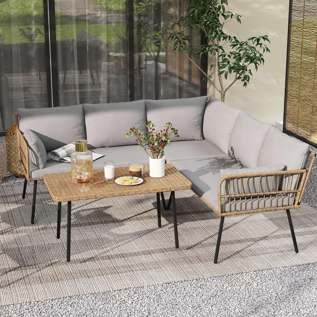 DWVO Patio Furniture Set, 4 Pieces Outdoor Patio Conversation Set, All-Weather PE Rattan Sectional L-Shaped Sofa with Soft Cushion and Side Table for Backyard, Porch, Boho Detachable Lounger (Gray)